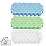 BUYGOO 3 Pack Ice Cube Trays with Lids, 111 Flexible Silicone Ice Cube Molds with Removable Lid Stackable Lattice Honeycomb Silica Gel Ice Lattice for Chilled Drinks, Whiskey & Cocktails (Green+Blue+Transparent)