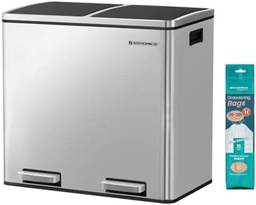 SONGMICS Dual Rubbish Bin, Metal Recycling Bin with 15 Rubbish Bags, 2-Compartment, with Lids, Pedals, Plastic Inner Buckets, Soft Closure, 2 x 6.3 Gallons (2 x 24 L), Silver LTB48NL