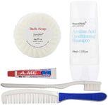 TRAVELWELL Hotel Toiletries Amenities Bulk Individually Wrapped 30ml Shampoo & Conditioner 2 in 1, Round Tissue Pleated 28g Cleaning Travel Soap In Bulk, Comb,Toothbrush Toothpaste 25 Set