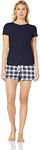 Amazon Essentials Women's Poplin Short and Sleep Tee Set, Navy Plaid, Small