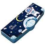 Radhey Preet Space Print Multi Compartment Button Operated Magnetic Compass Box for Kids, Blue Color