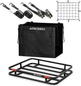 ARKSEN 32 x 26 x 4 Inch Heavy Duty Bumper Mounted Cargo Rack Carrier with 500D PVC Waterproof Cargo Bag, Nylon Net, Ratchet Straps,350 Lbs Capacity Luggage Basket Hitch for RV, Camping, Traveling