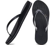 KuaiLu Womens Fashion Flip Flops Ladies Lightweight Summer Beach Yoga Mat Thong Sandals with Comfortable Arch Support Black Size 9