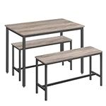 VASAGLE Dining Table with 2 Benches, 3 Piece Set, Kitchen Table of 70 x 110 x 75 cm, 2 Benches of 30 x 97 x 50 cm Each, Steel Frame, Heather Greige and Ink Black KDT070B02