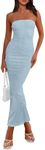 PRETTYGARDEN Women's Ribbed Maxi Bodycon Dress Summer Strapless Tube Y2K Party Club Long Dresses (Light Blue,X-Small)