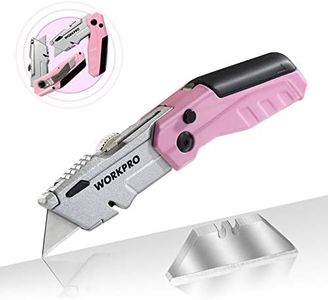 WORKPRO Folding Utility Knife, Quick-Change Pink Box Cutter with Blade Storage Compartment Hidden in Lightweight Aluminum Die-cast Handle, 12 Extra Blades Included - Pink Ribbon