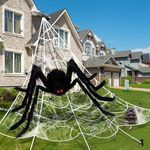 AMLOOPH Large Halloween Decorations Outdoor Spider Web, 59" Hairy Giant Spider + 200" Triangular Spider Web +60g Cobwebs 30Mini Fake Spiders For Scary Halloween House Indoor Outdoor Party Decorations