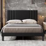 Upholstered Queen Bed Frame/Leather Upholstered Platform Bed with Headboard and Sturdy Wooden Slats/No Box Spring Needed/Noise-Free/Easy Assembly (Black-Line, Queen (U.S. Standard))