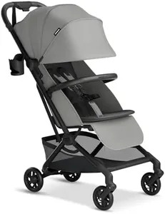 Mompush Velo Lightweight Travel Stroller – One-Hand Fold, Ultra-Compact & Airplane Friendly, Lie-Flat Recline Seat (from Birth to 50 lbs), Includes Cup Holder, Shoulder Strap, and Leather Bumper Bar