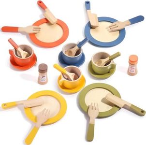 XICEN Wooden Dish Set for Kids, Play Dishes for Kids Kitchen, Wood Plates Set for Toddler, Montessori Wooden Kitchen Toys Accessories