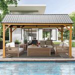 domi outdoor living 12' x 14' Hardtop Gazebo with Galvanized Steel Gable Roof, Pergola Wooden Aluminum Frame, Permanent Pavilion Outdoor Ceiling Hook for Deck Patio Lawn Yard Backyard Grill