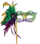 MYSEUNI 2024 New Hand Held Masquerade Mask for Women - Shiny Women's Feather Mardi Gras Venetian Mask for Carnival, Halloween Parties, Cosplay Prom, Christmas, Wedding, Bar, Costume Accessory