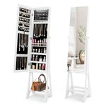 COSTWAY LED Lights Jewellery Cabinet, Freestanding Lockable Jewelry Armoire with Full Length Mirror and Large Storage, Angle-Adjustable Bedroom Makeup Cosmetics Jewellery Organiser Unit Gift (White)