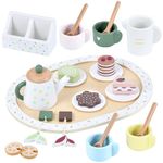 WHOHOLL Wooden Tea Party Set for Little Girls Play Food, Toddler Girl Toys Play Kitchen Accessories with Teapot Tea Cup Dessert Toys 4 Set Playset- Pretend Play Gift Set for Toddlers 1 2 3 5