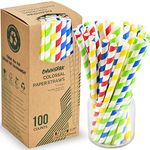 [10MM Wide] 8.5 inch Colossal Paper Straws for Milkshake, Icees, Smoothie, Thick Drinks - Assorted Colorful Stripes, 100 Counts, Eco Friendly - Home and Restaurant Use