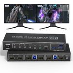 USB 3.0 HDMI KVM Switch 2 Monitors 2 Computers 4K@60Hz, Supports EDID, KVM Switch Dual Monitor with Audio&Microphone and 3 USB 3.0 Ports, Monitor Switch for 2 Computers and 2 Display Modes