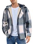 COOFANDY Men Sherpa Flannel Jackets Plaid Hoodie Zip Up Jacket Fleece Lined Jackets Hooded Blue and White