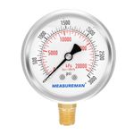 MEASUREMAN 2-1/2" Dial Size, Glycerin Filled Pressure Gauge, Stainless Steel case, Brass Inside, 0-3000psi/kpa,1/4" NPT Lower Mount