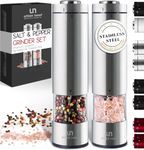 Urban Noon Electric Salt and Pepper Grinder Set - Battery Operated Stainless Steel Mill with Light - Automatic One Handed Operation - Electronic Adjustable Shakers - Ceramic Grinders