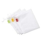 Addis 518513 Reusable Shopping Storage Net Drawstring Bags for Loose Vegetables Veg Produce and Fruit, Set of 3 with Colour Coded Labels, 30 x 35 cm, White