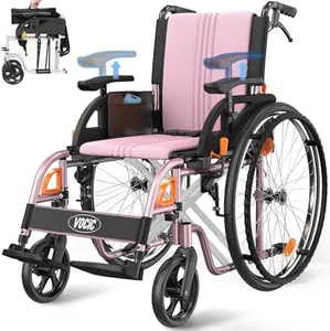 VOCIC Ultra Lightweight Wheelchair for Adults, 23lb Frame Portable Foldable Self-Propelled Wheelchairs for Seniors with Quick Release Wheels, Swing-Away Footrests,Flip-Back Arm, 300 lbs Pink