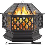 Yaheetech 28in Fire Pit Fire Pits for Outside Hex Shaped Firepit Bowl Outdoor Fire Pit Large Wood Burning Fire Pit with Spark Screen & Poker for Bonfire Patio Outside Picnic BBQ