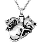 OutstandLong Cute Angel Cat Pet Urn Necklace for Ashes Cremation Jewelry Memorial Animal Stainless Steel Pendant Ashes Holder Keepsakes Jewelry