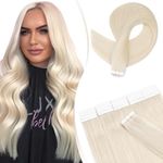 Elailite Hair Extensions Real Human Hair Tape in 20 PCS Blonde (Thin Weft: 1g/pcs) - 100% Remy Hair Straight Can be Curled (#70 Bleach White, 14 inches)