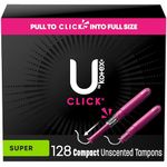 U by Kotex Click Compact Tampons, Super Absorbency, Unscented, 128 Count (8 packs of 16)