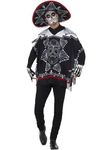 Smiffys Day of the Dead Bandit Costume, Black & White with Poncho, Sombrero & Gloves, Mexican Day of The Dead/Sugar Fancy Dress, Halloween Dress Up Costumes