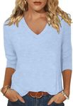 Woffccrd Womens Casual 3/4 Sleeve Shirts Sexy V Neck Tee Shirts Solid Color Basic Top Blouses, Light Blue, Small