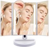 Auxmir Vanity Makeup Mirror with Natural LED Lights, 1x/10x Trifold Magnifying Mirror, Dual Power Cosmetic Mirror with Touch Screen, 180°Brightness Adjustable Lighted Dressing Mirror