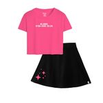 KYDA KIDS®100% Pure Cotton Girls Printed Crop Top and Skirt with Attached Inner shorts Co-ords Set in Pink & Black (Pack of 1)