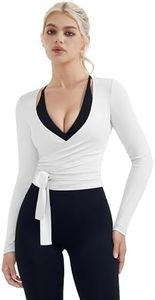 SUUKSESS Women Pilates Wrap Workout Cropped Top Ribbed Long Sleeve V Neck Tie Front Ballet Yoga Shrug Blouse(White,S)