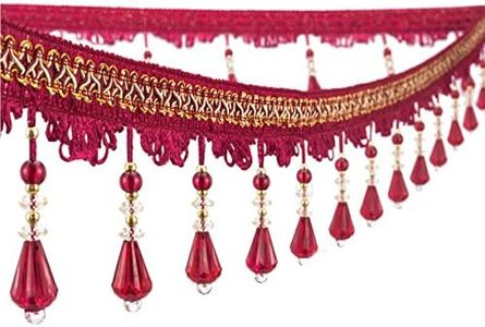 Yalulu 4 Yards Beaded Fringe Trim, Handmade Hanging Crystal Beaded Tassel Fringe Trim Sewing Trim Fringe for Curtain Tablecloth Home Decoration (Wine Red)