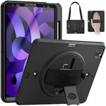 SEYMAC for iPad Air 5th/4th Generation Case 10.9 Inch 2022/2020, Full Protection Shockproof Case with Screen Protector, Rotating Stand, Hand/Shoulder Strap and Pen Holder for iPad Air 5/Air4, Black