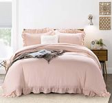 meadow park Stone Washed French Linen Duvet Cover Set 3 Pieces- Super Soft, King Size 104 inches x 92 inches - Shams 20 inches x 36 inches, Ruffled Style - Button Closure - Corner Ties, Pale Pink