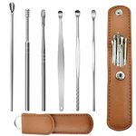 Lieudage 6PCS Stainless Steel Earwax Pick Ear Wax Removal Kit Innovative Spring Spoon Ear Wax Cleaner Curette Ear Remover Tool with Storage PU Leather Pouch (Brown)