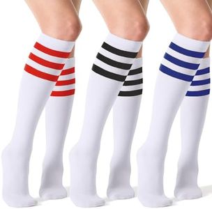 Joulli Women's Knee High Athletic Socks Stripe Tube Outdoor Sport Socks 3 Pairs, White Mix