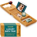 Luxury Bamboo Bathtub Caddy Tray - Adjustable Natural Wood Bath Tub Organizer with Wine Holder, Cup Placement, Soap Dish, Book Space & Phone Slot for Spa, Bathroom & Shower - SereneLife SLBCAD20