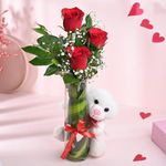 FlowerAura Love Combo Includes Fresh Live 3 Red Roses Flowers Bouquet In Glass Vase With Cute Teddy For Valentine's Day Gift, Birthday Gift, Anniversary Gift & Mother's Day Gift (Same Day Delivery)