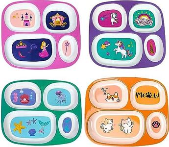 4E's Novelty 4 Melamine Dinner Plate for Kids Girls, Plastic Mealtime Divided Plates, Dinnerware Dishes Set For Toddlers Picky Eaters, BPA Free, Princess, Unicorn, Sea Life, Cat