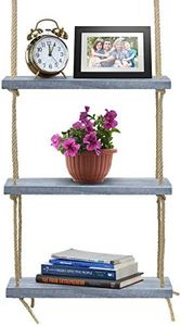 Sorbus Wood Hanging Shelf 3-Tier Rustic Wood Swing Storage Shelves Rope Organizer Rack, Floating Display Shelves (Grey)
