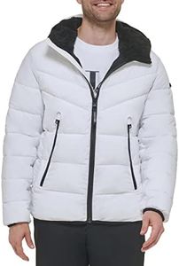 Calvin Klein Men's Winter Coat - Puffer Stretch Jacket With Sherpa Hood, White, Medium