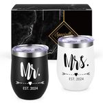 GINGPROUS EST 2024 Mr and Mrs Gift Set, 2024 Couple Engagement Wedding Gift for Couples Newlyweds Bride to Be Wife His and Her, 12 Oz Mr and Mrs Gifts Stainless Steel Wine Tumblers with Lid, Set of 2