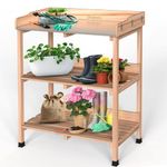 3 Tier Garden Potting Table, Wooden Potting Bench with 6 Hooks and Shelves, Garden Table Garden Work Station Outdoor Potting Table for Patios,Courtyards, Garden, 91.5cm x 75cm x 36.5cm