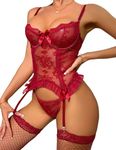 Aranmei Women's Lingerie Sets Sexy Lace Bodysuit with Stockings Floral Lace Garter Lingerie Underwear Outfits Teddy Babydolls with Thigh High(Wine Red,S