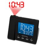 Electrohome EAAC601 Projection Alarm Clock with AM/FM Radio, Battery Backup, Auto Time Set, Dual Alarm, Nap/Sleep Timer, Indoor Temperature/Day/Date Display with Dimming, 3.5mm Audio Connection