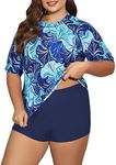 ALLTOKE Women Two Piece Plus Size Short Sleeve Rash Guard Set Loose Fit Swim Shirt with Boyshorts UPF 50+ Swimsuit, Blue Leaf+navy Bottoms 1, 3X