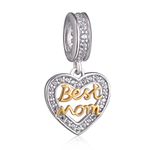 Best Mom Heart Bracelet Charms for Women - 925 Sterling Silver Dangling Pendant - Fit Pandora Charm Bracelets, Necklaces, European Snake Chains - Mother’s Day/Thanksgiving Gifts.